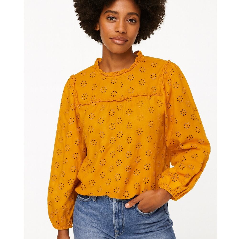 J. Crew Ruffleneck Eyelet Yoke Top Goldenrod Yellow